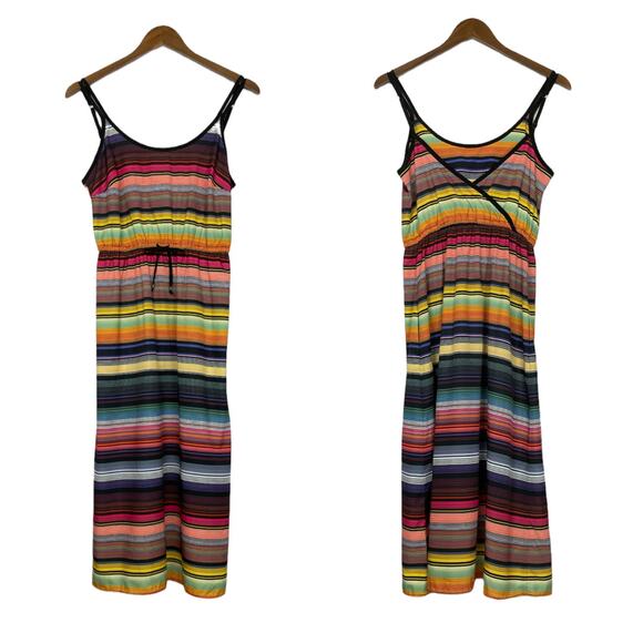 Athleta | Havana Bold Multi Color Striped Cross V-Back Midi Dress with Pockets - Picture 3 of 12